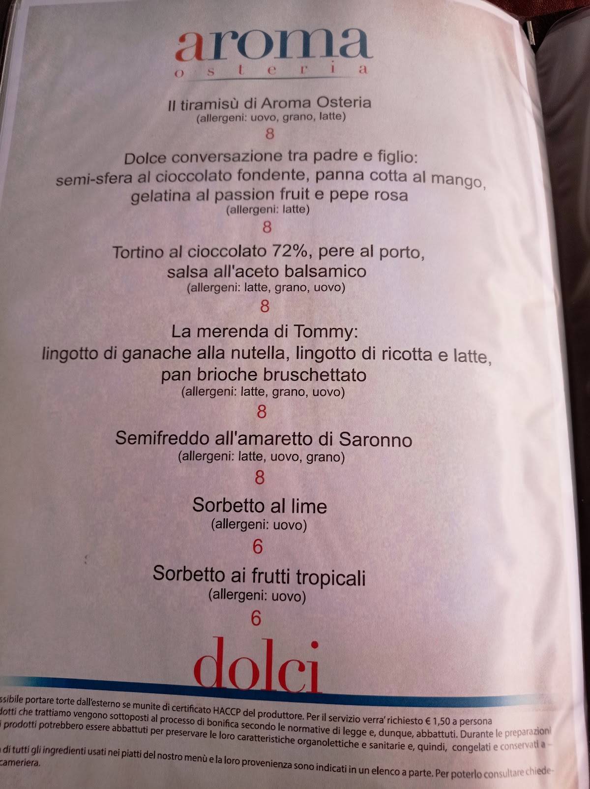 Menu di Aroma Osteria 