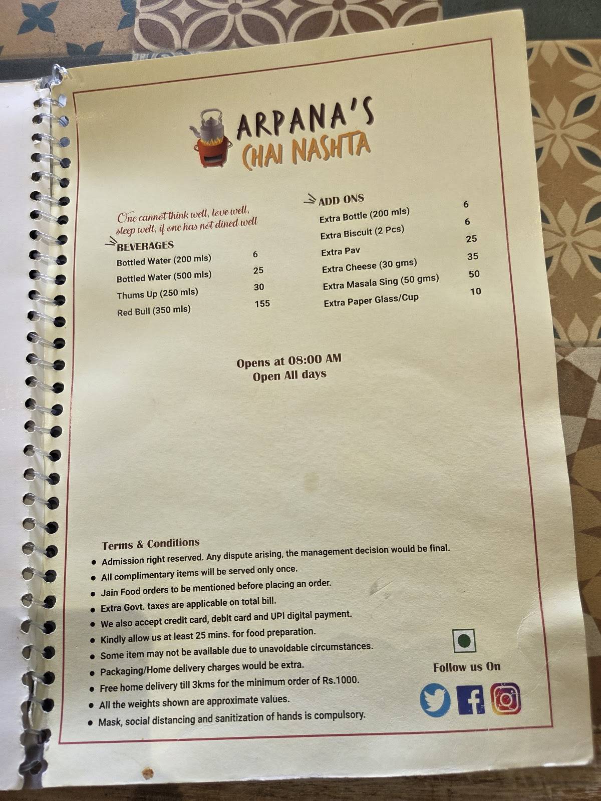 Arpana's Chai Nashta menu
