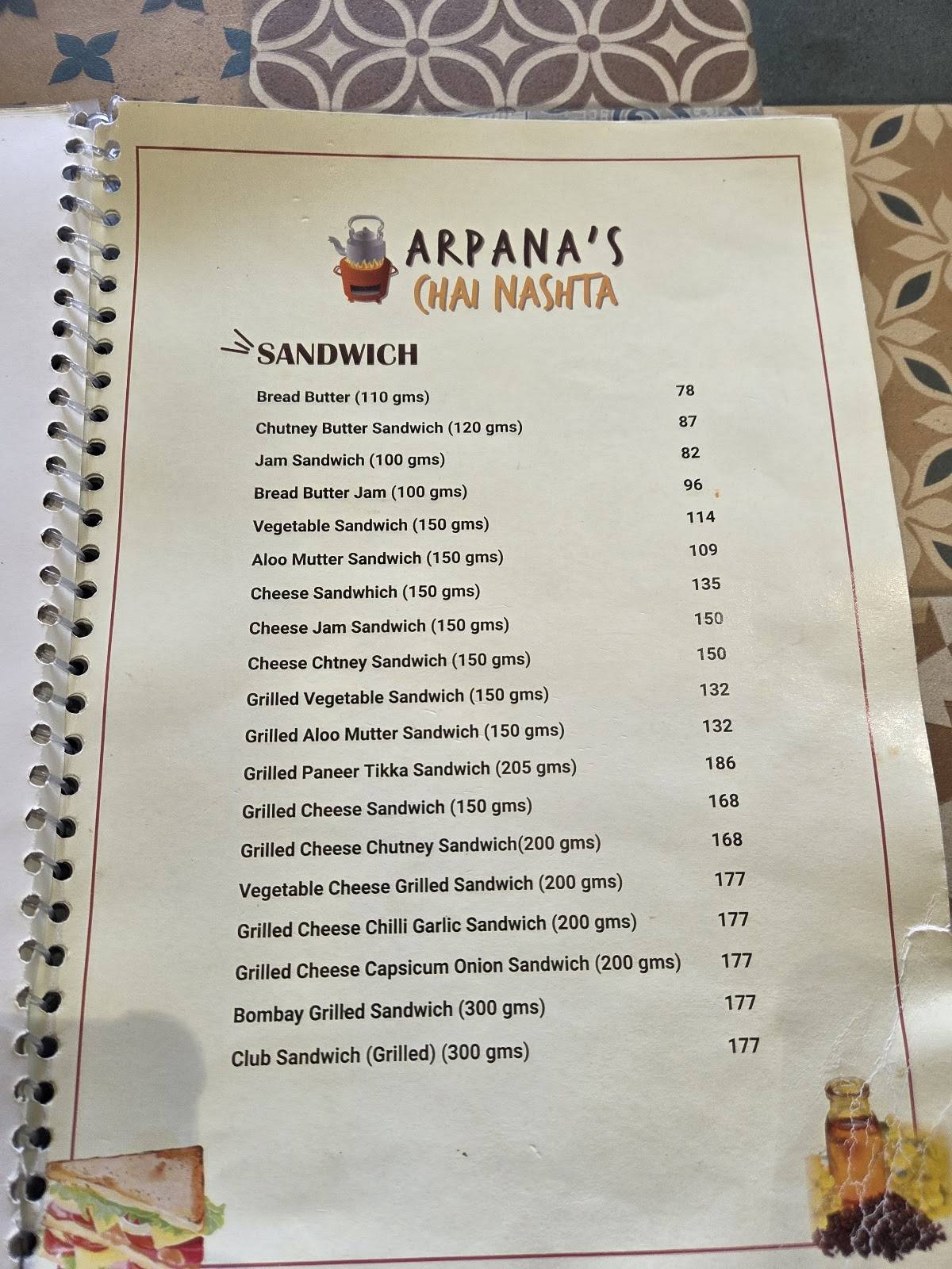 Arpana's Chai Nashta menu