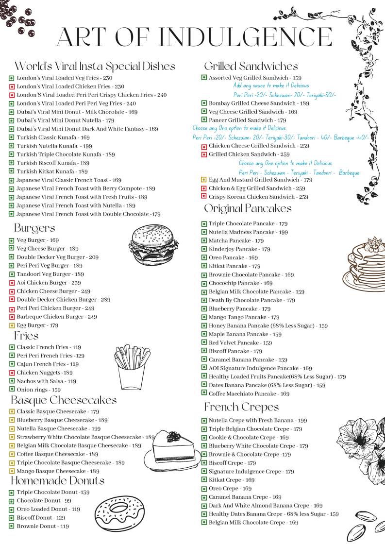 Art Of Indulgence - A Cafe menu