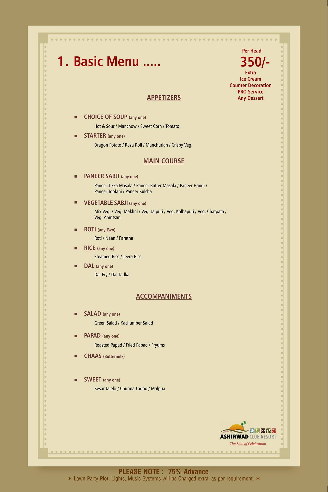 Ashirwad Club Resort menu