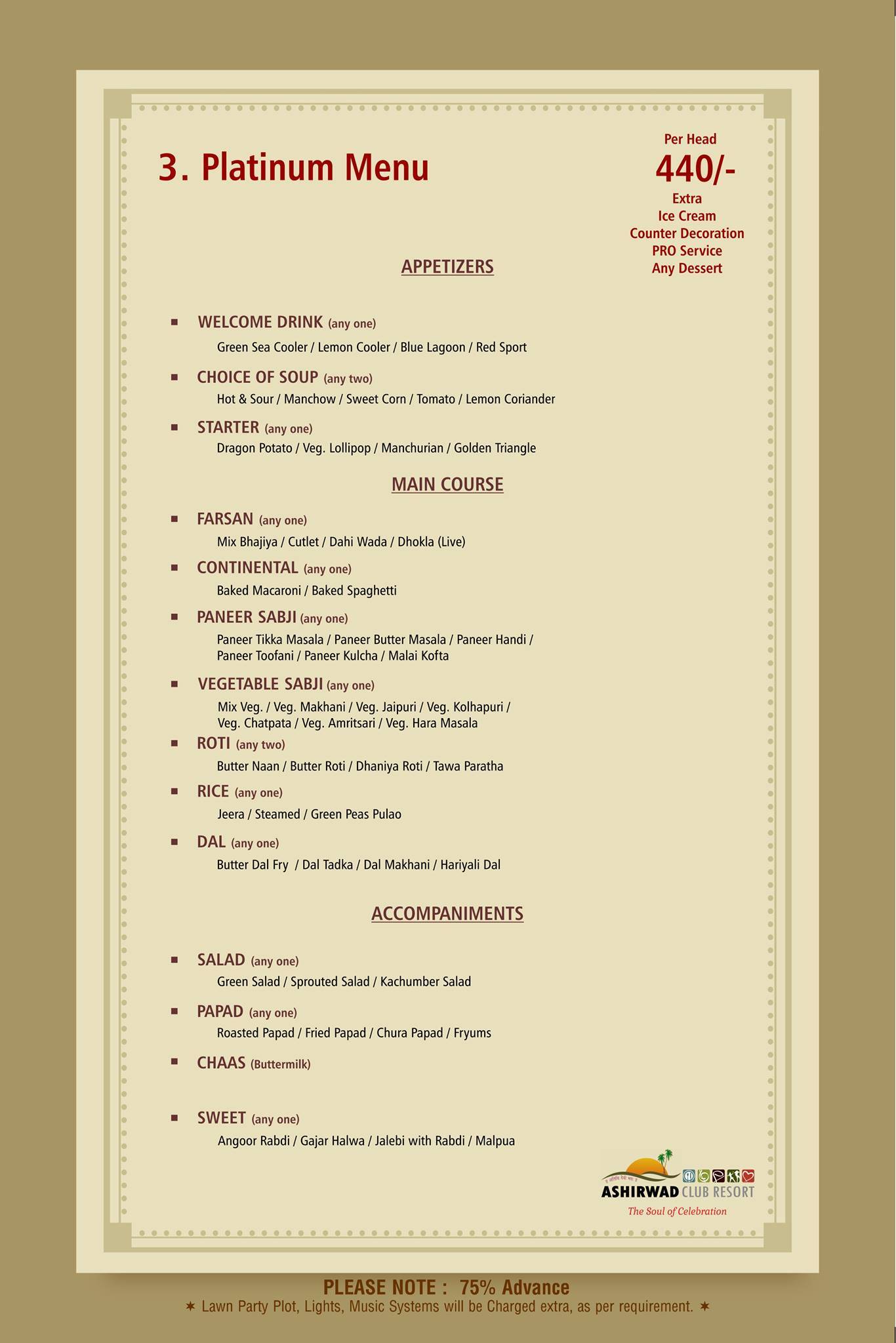 Ashirwad Club Resort menu