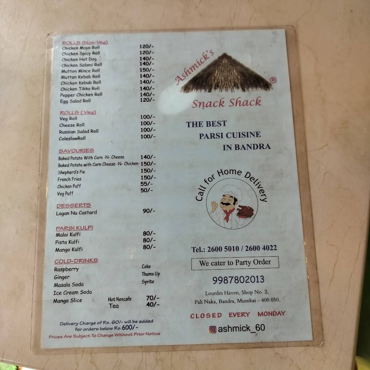 Ashmicks Snack Shack menu