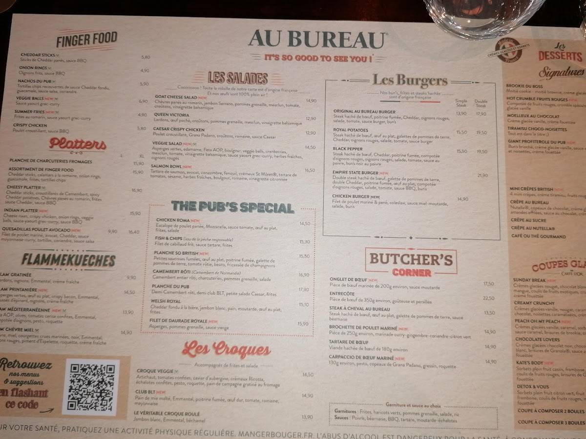 Menu au Au Bureau pub et bar, Pontarlier