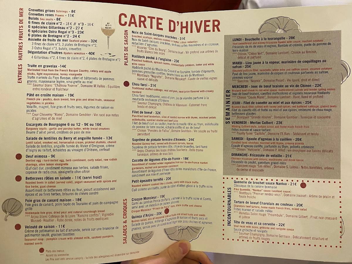 Menu at Au Petit Riche restaurant, Paris, 25 Rue Le Peletier