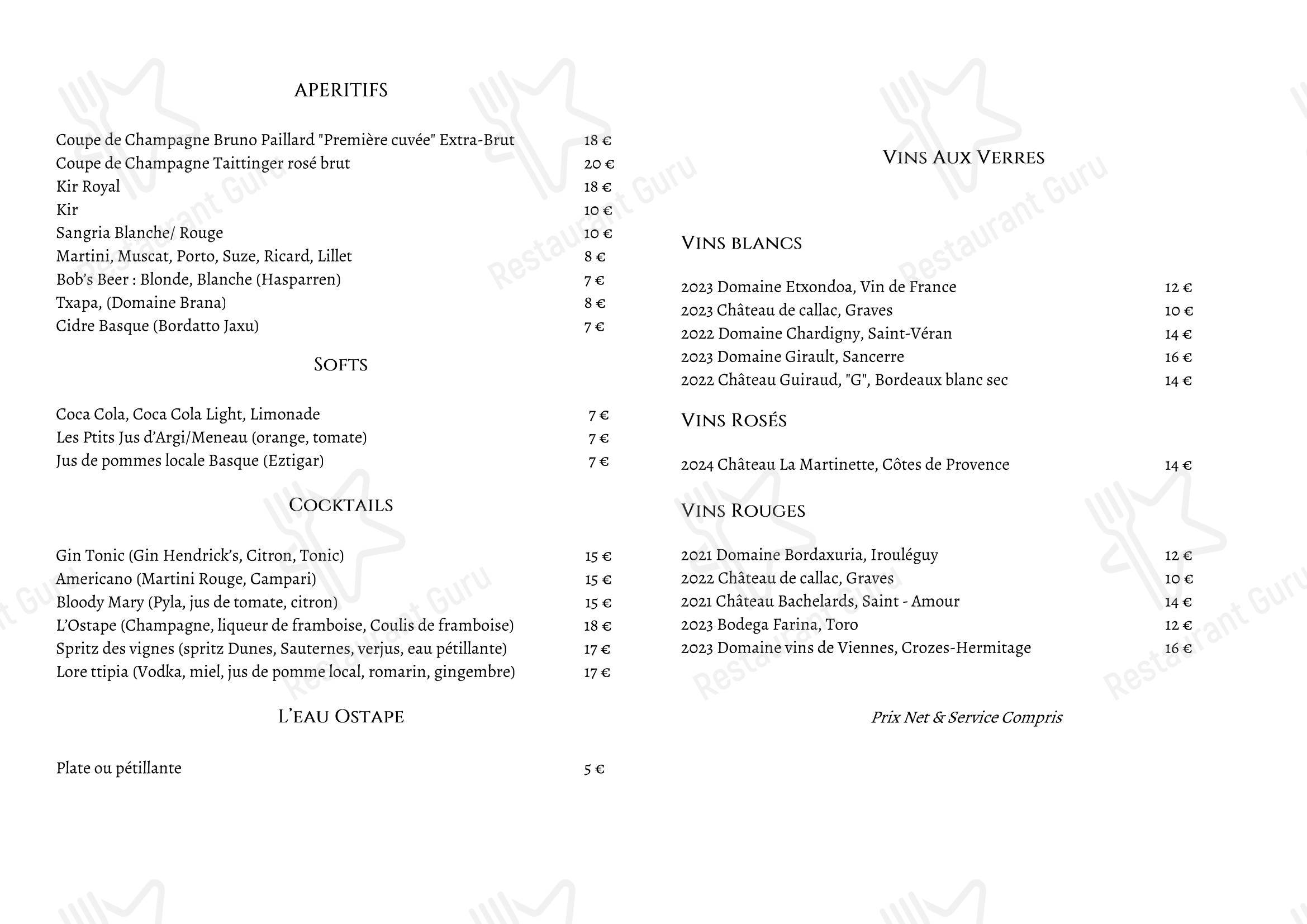 Menu pour Restaurant Auberge Ostape - Menu bar