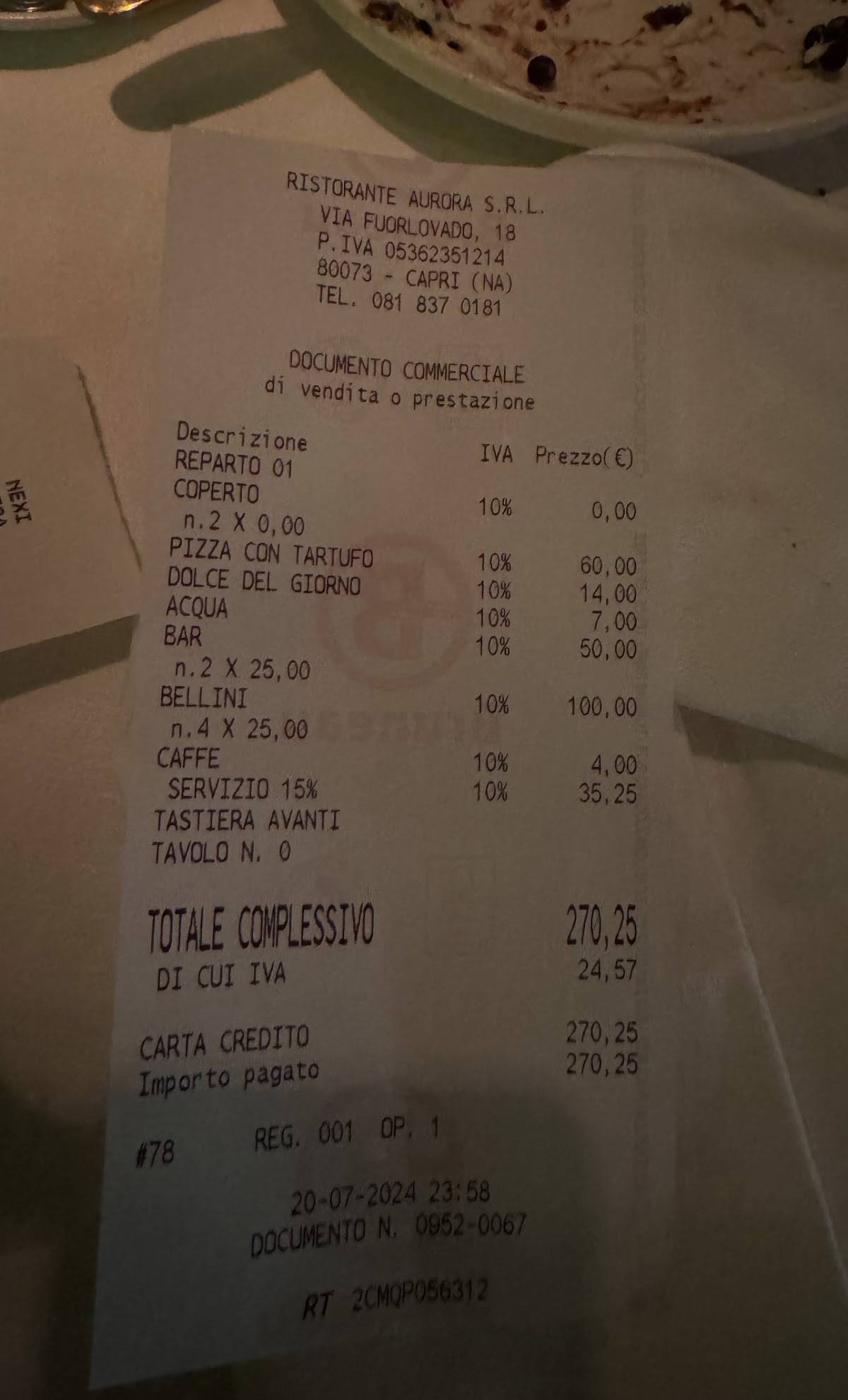 Menu di Aurora Capri 