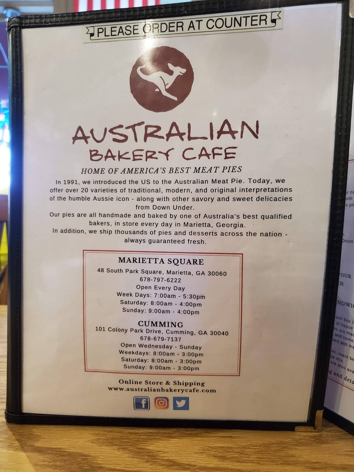 Menu at Australian Bakery Cafe, Marietta, 48 S Park Square NE