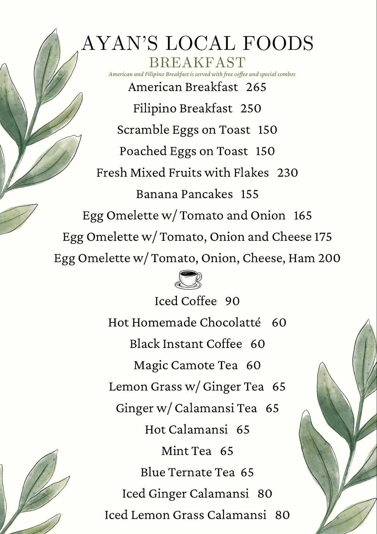 Menu at Ayans Local Food restaurant, Larena, Barangay Road
