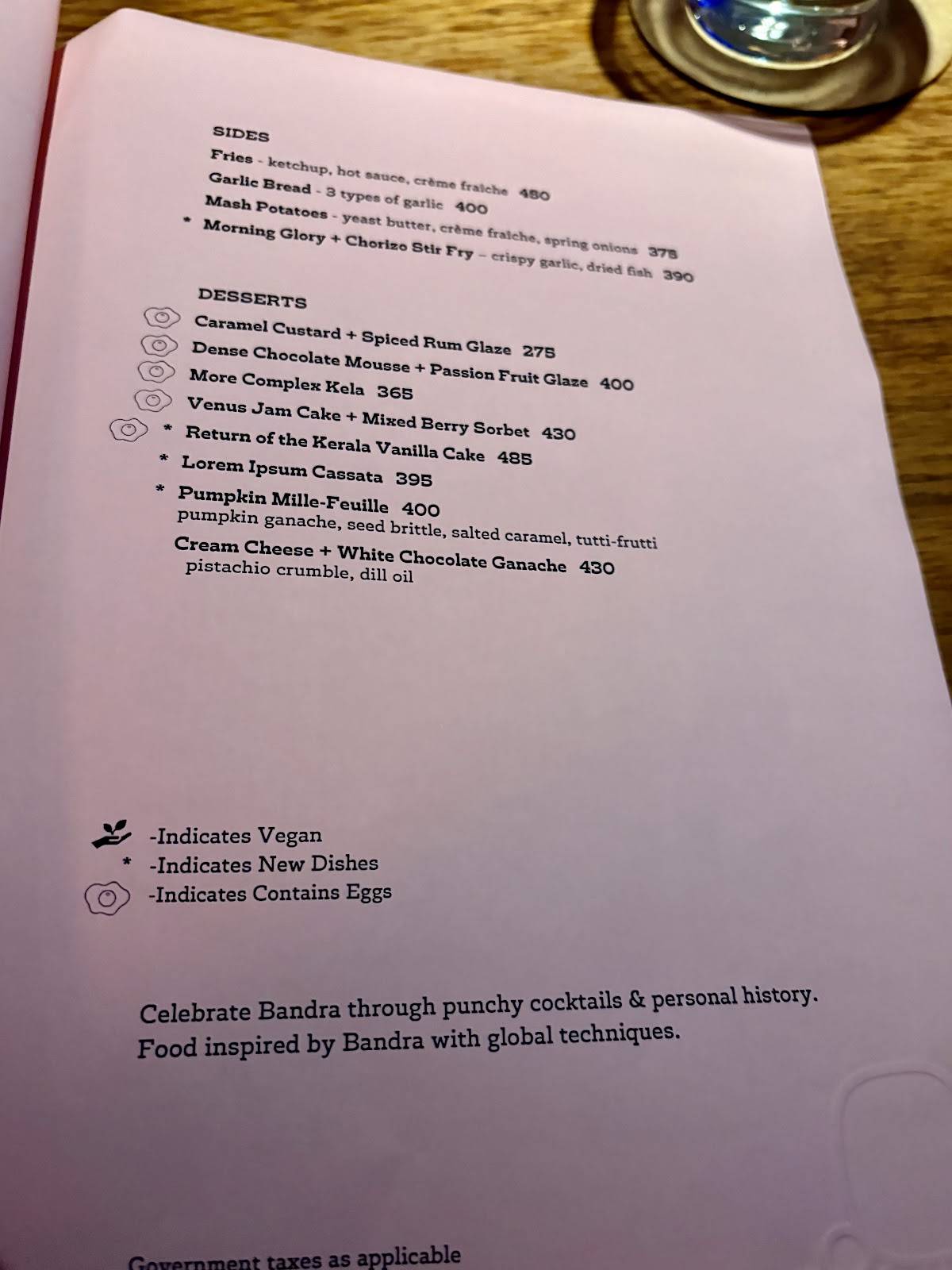 BANDRA BORN menu