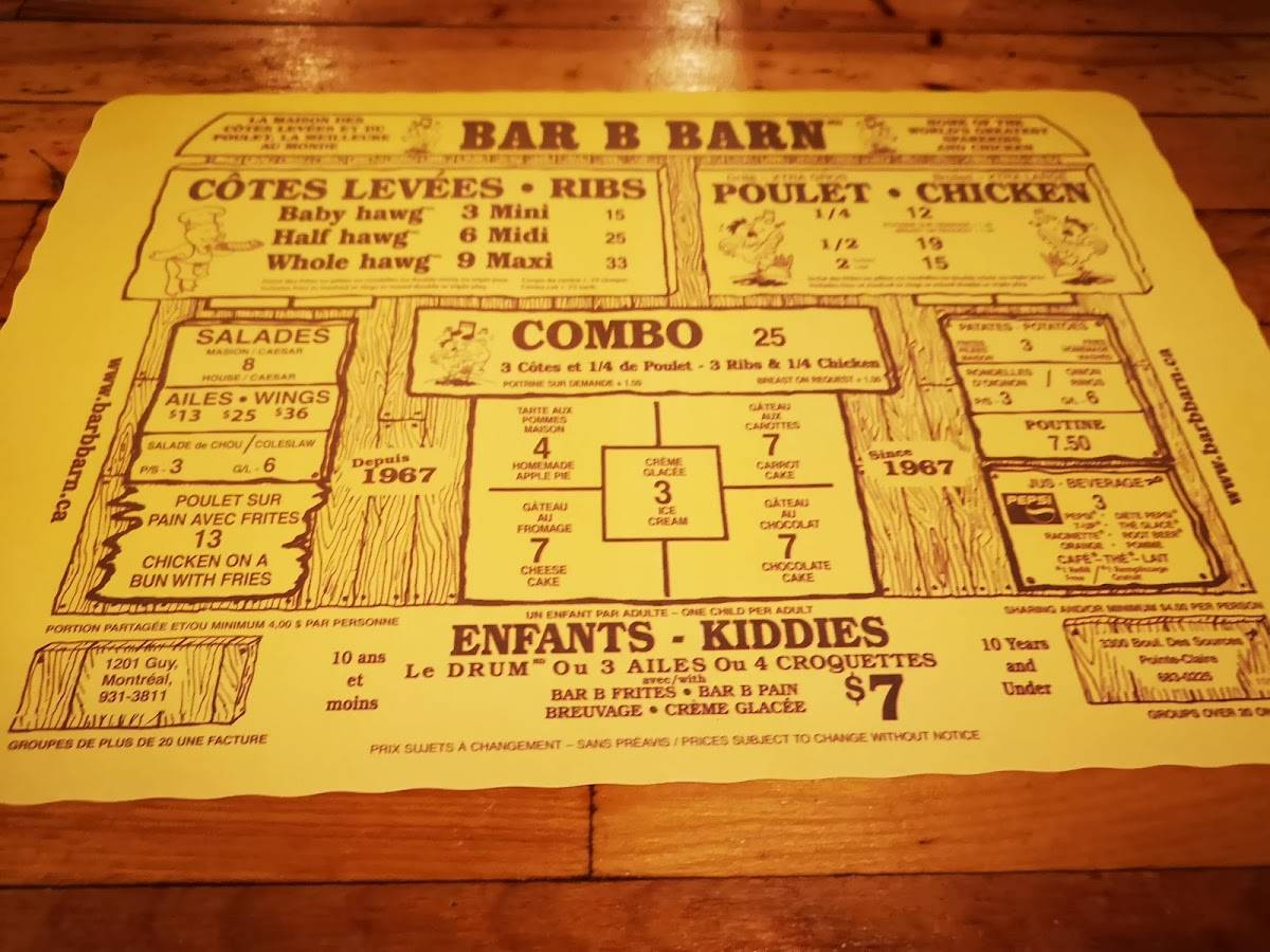 Menu au BarBBarn, Montréal, Guy St