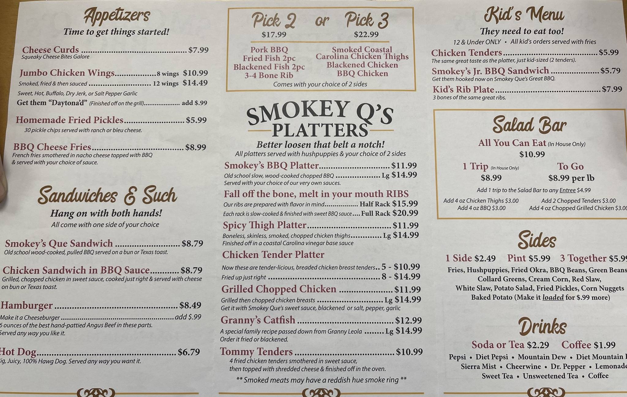 Menu at Smokey Que's BBQ, Marion