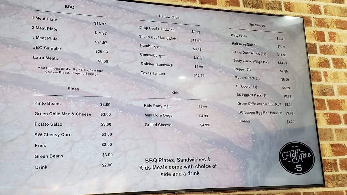 Menu at The Half Acre BBQ, Midland