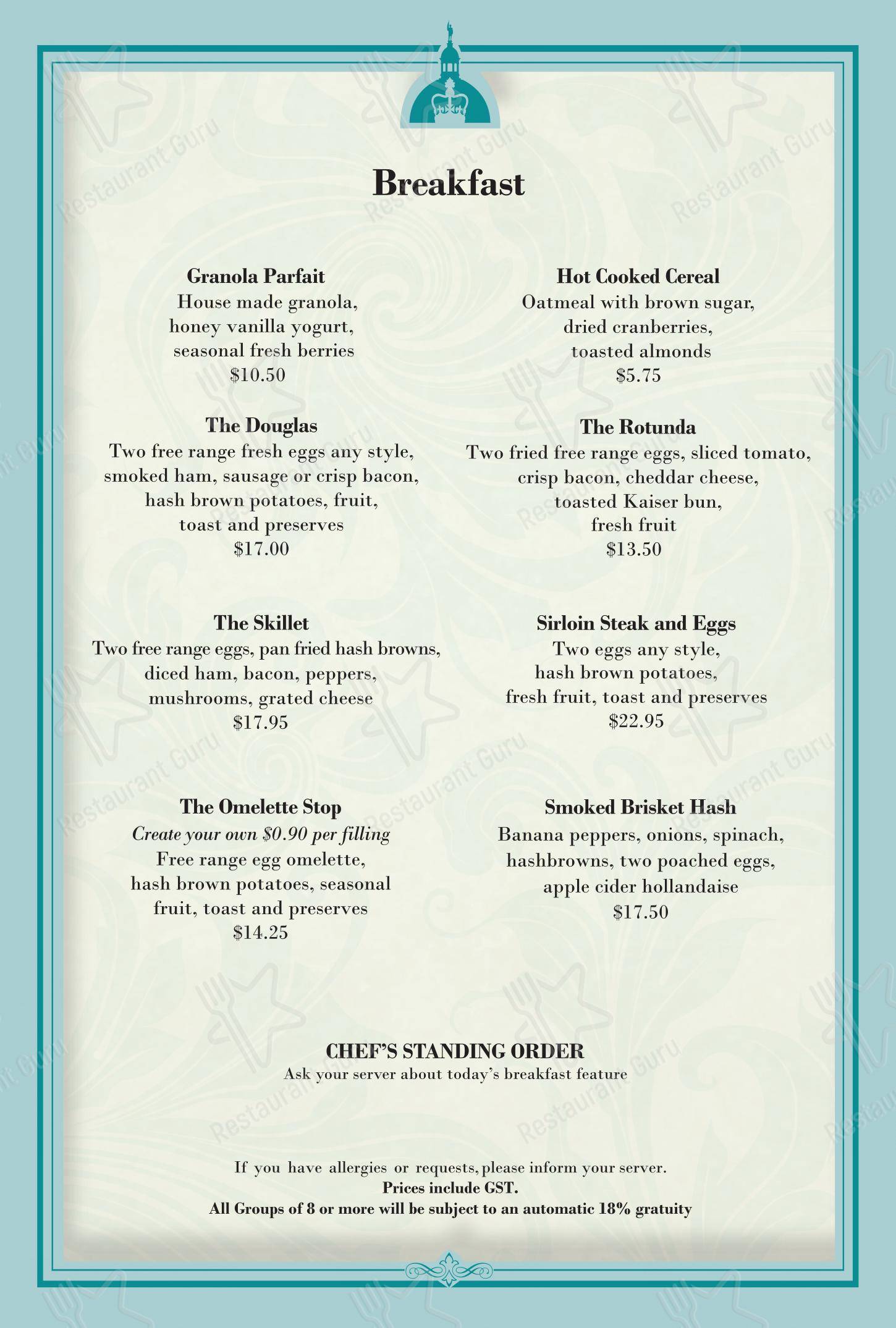 Menu at BC Legislative Dining Room restaurant, Victoria