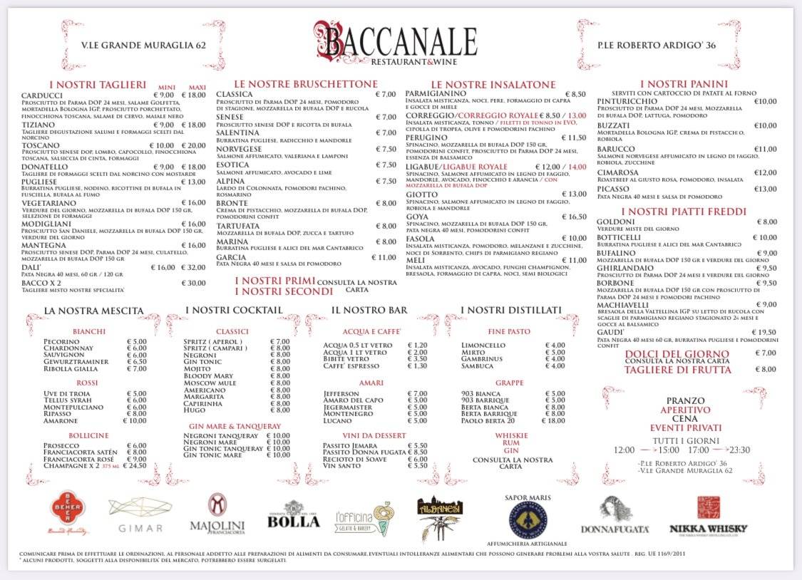 Menu di Baccanale 