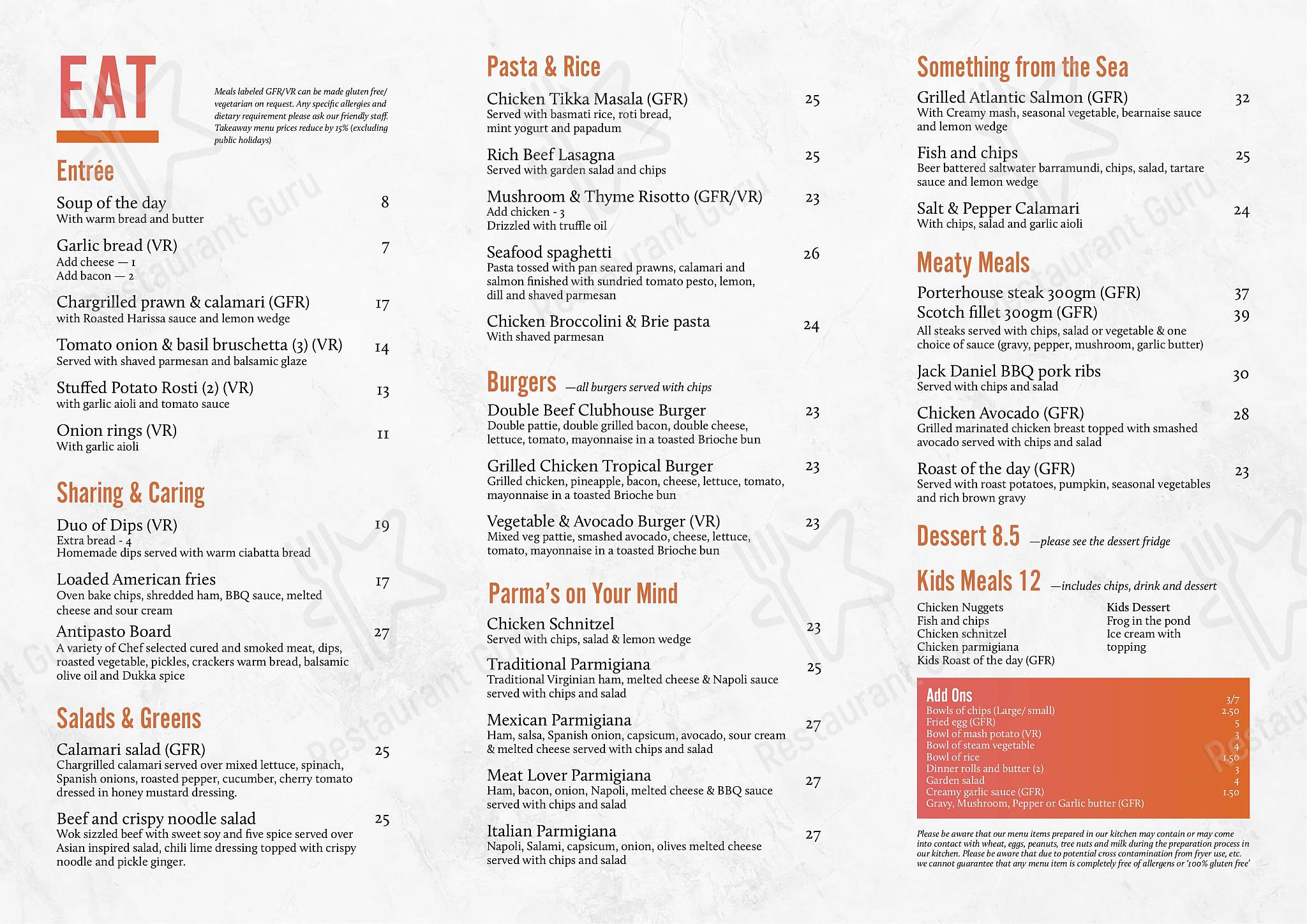 Menu at Bacchus Marsh Golf Club, Darley