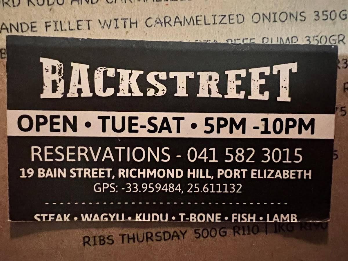 Menu at Backstreet Grill steakhouse, Port Elizabeth