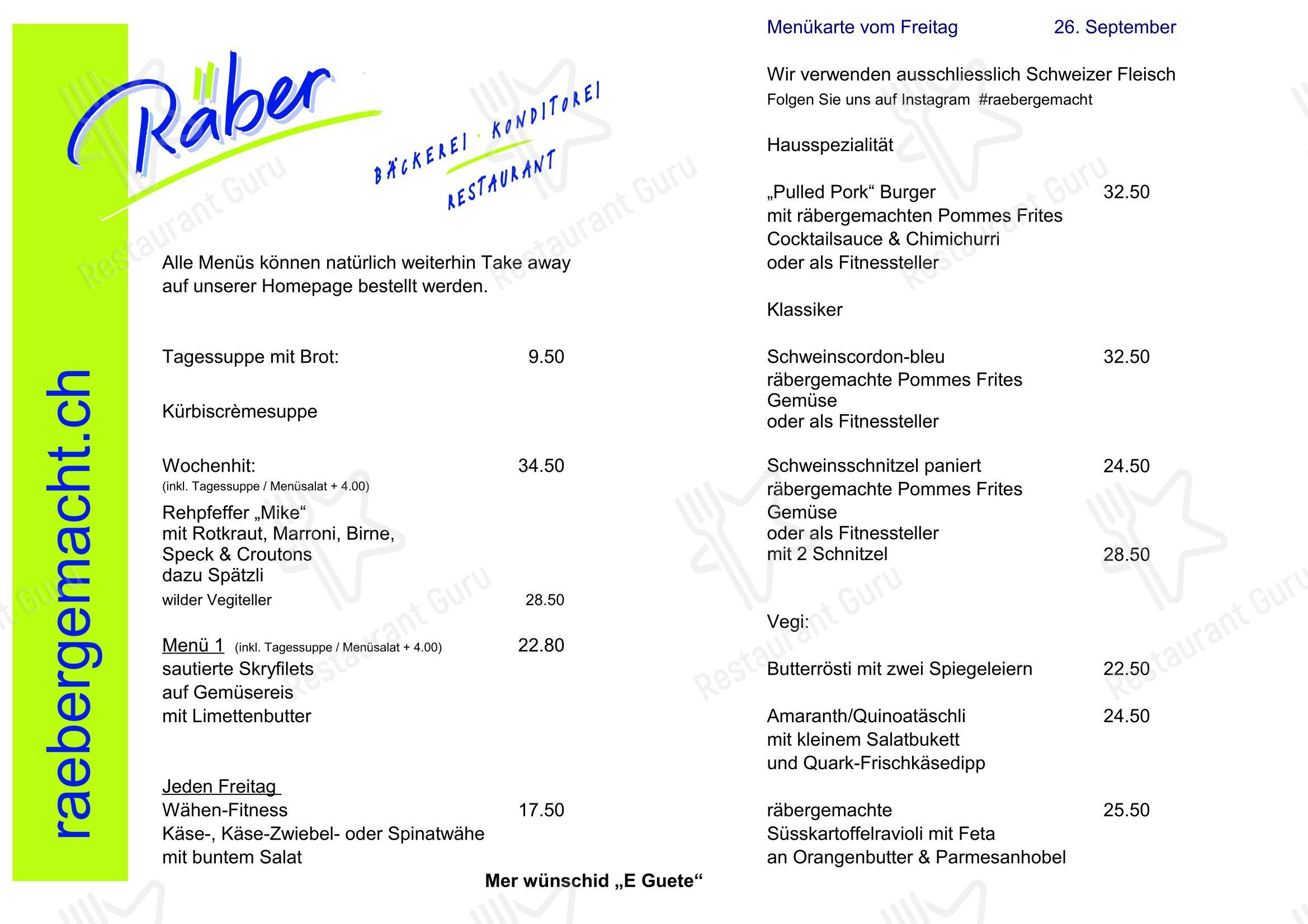 Menu bar per Bäckerei-Konditorei-Restaurant Räber