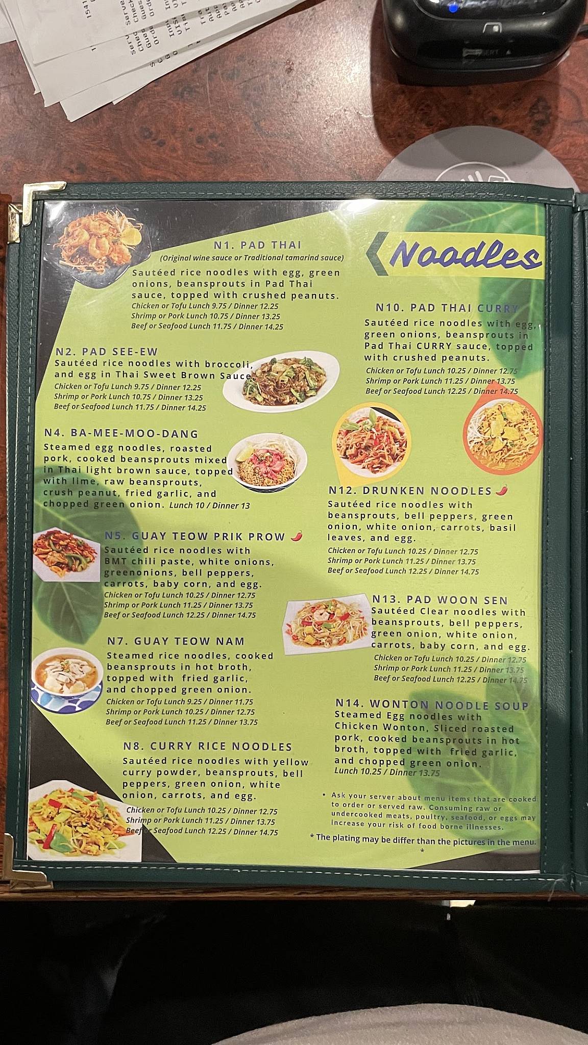 Menu at Bai Mai Thai restaurant, Detroit