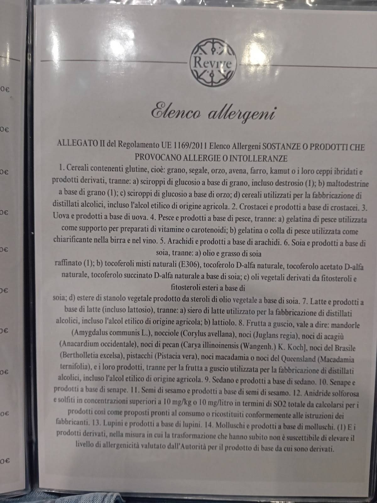 Menu di Bar Pizzeria Revive 