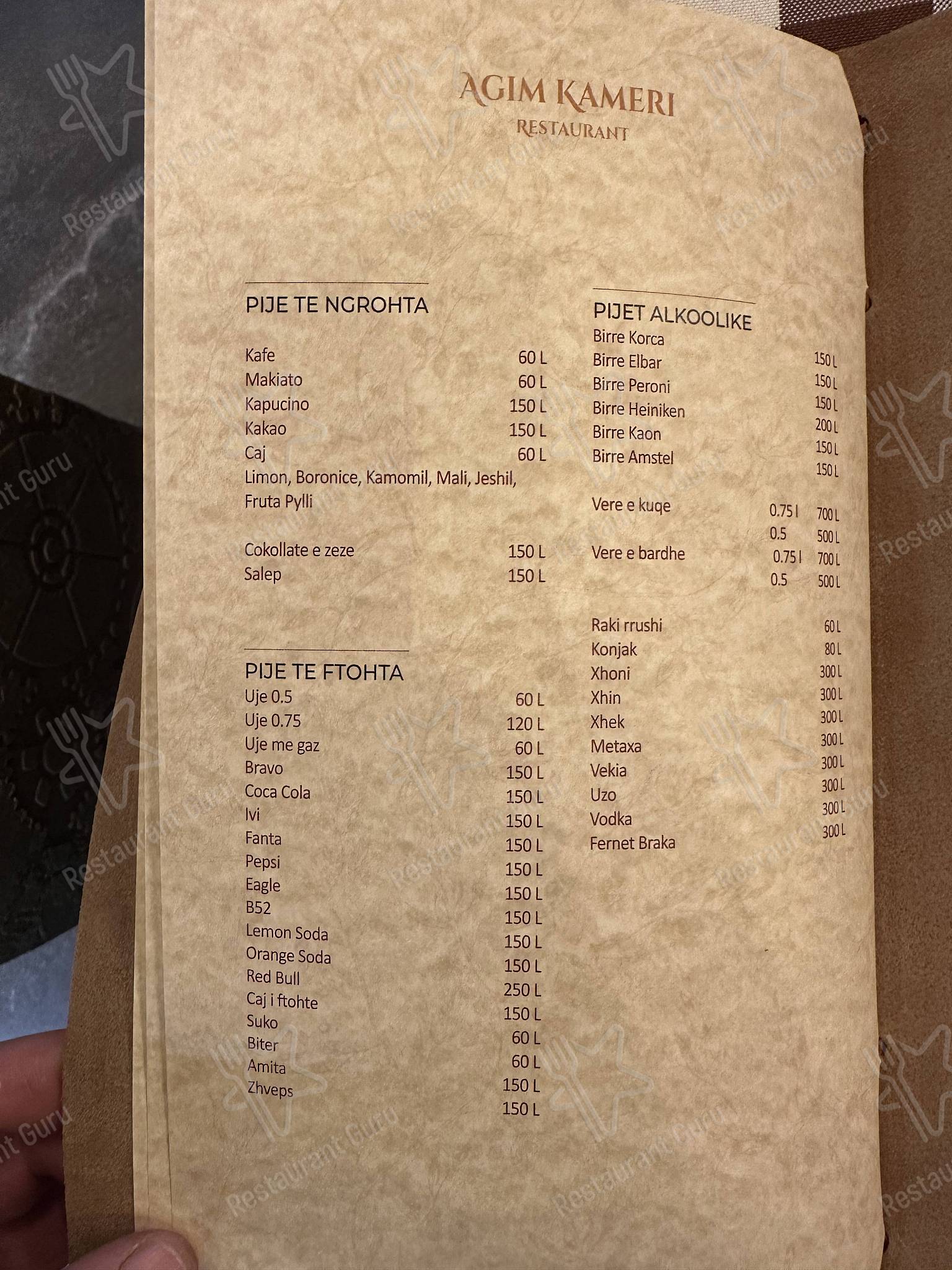 Menu at Bar-Restorant Agim Kameri, Kamëz