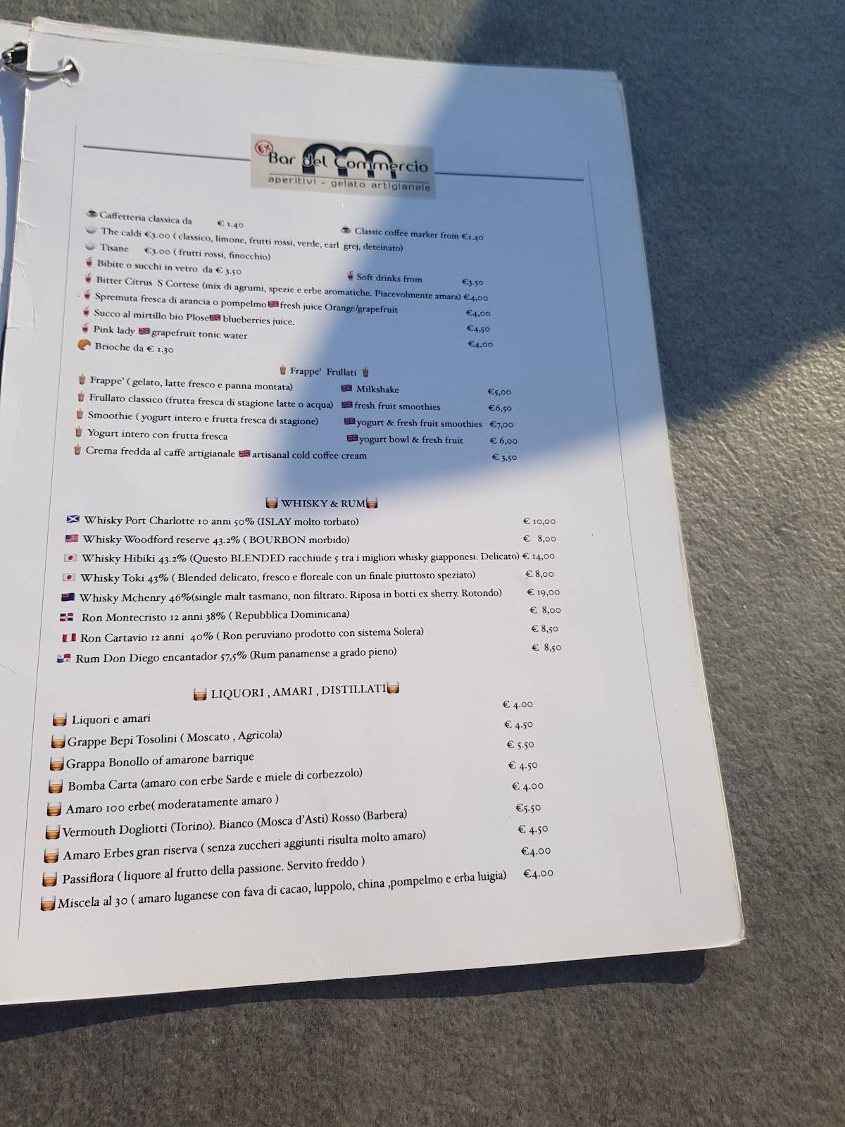 Menu di Bar del Commercio 