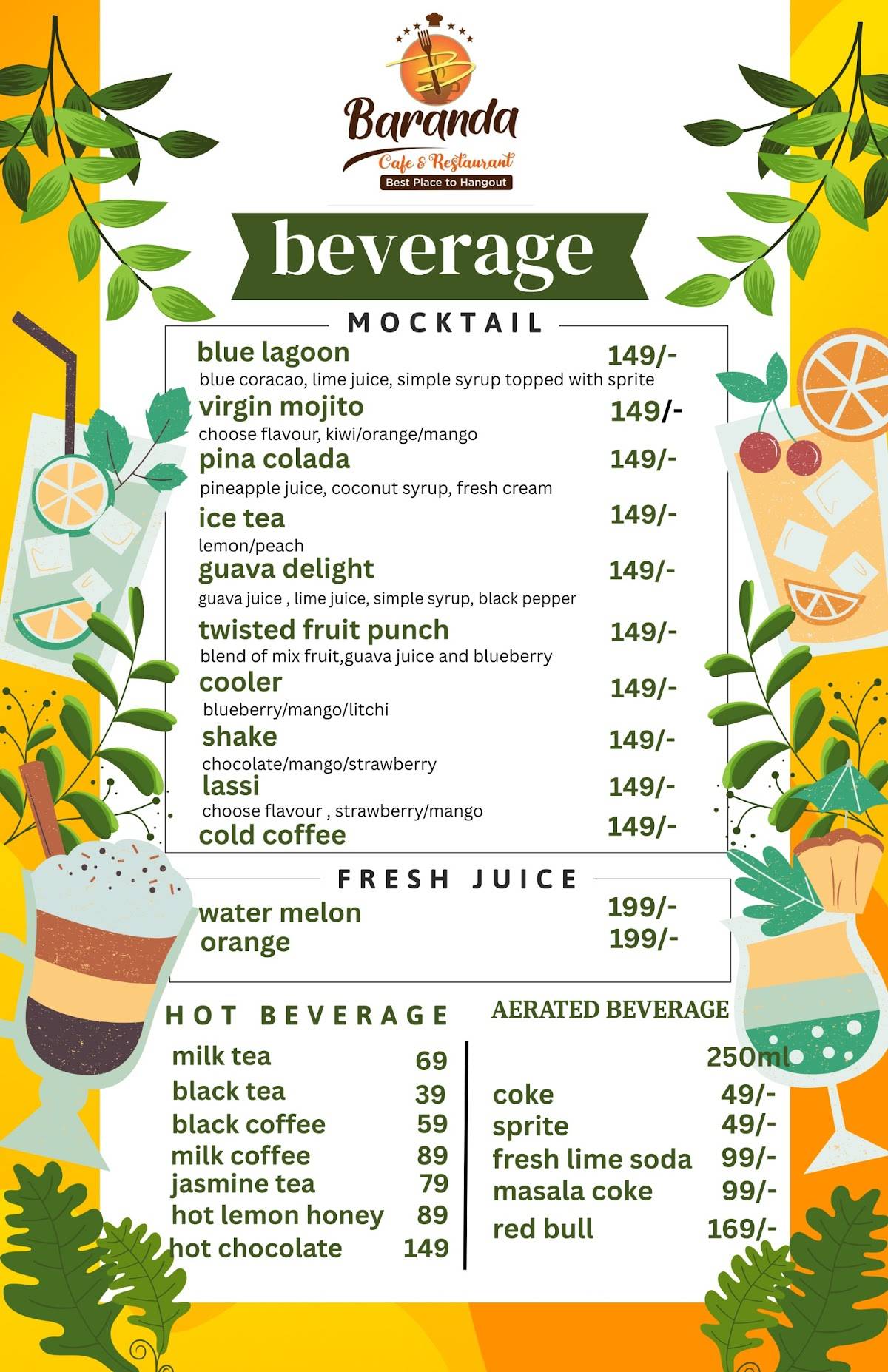 Baranda Cafe and Restaurant menu