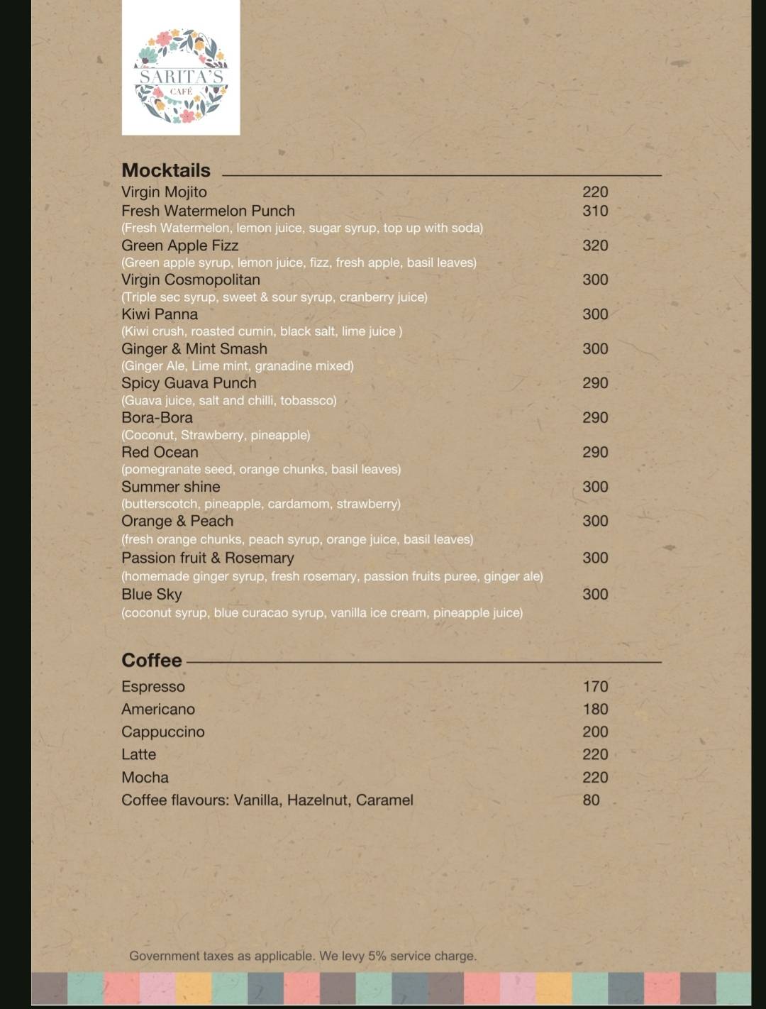 Sarita's Cafe menu