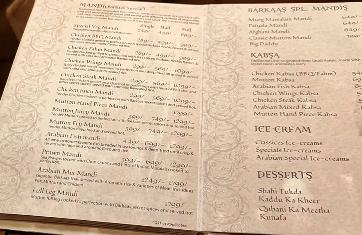 Barkaas Patna menu