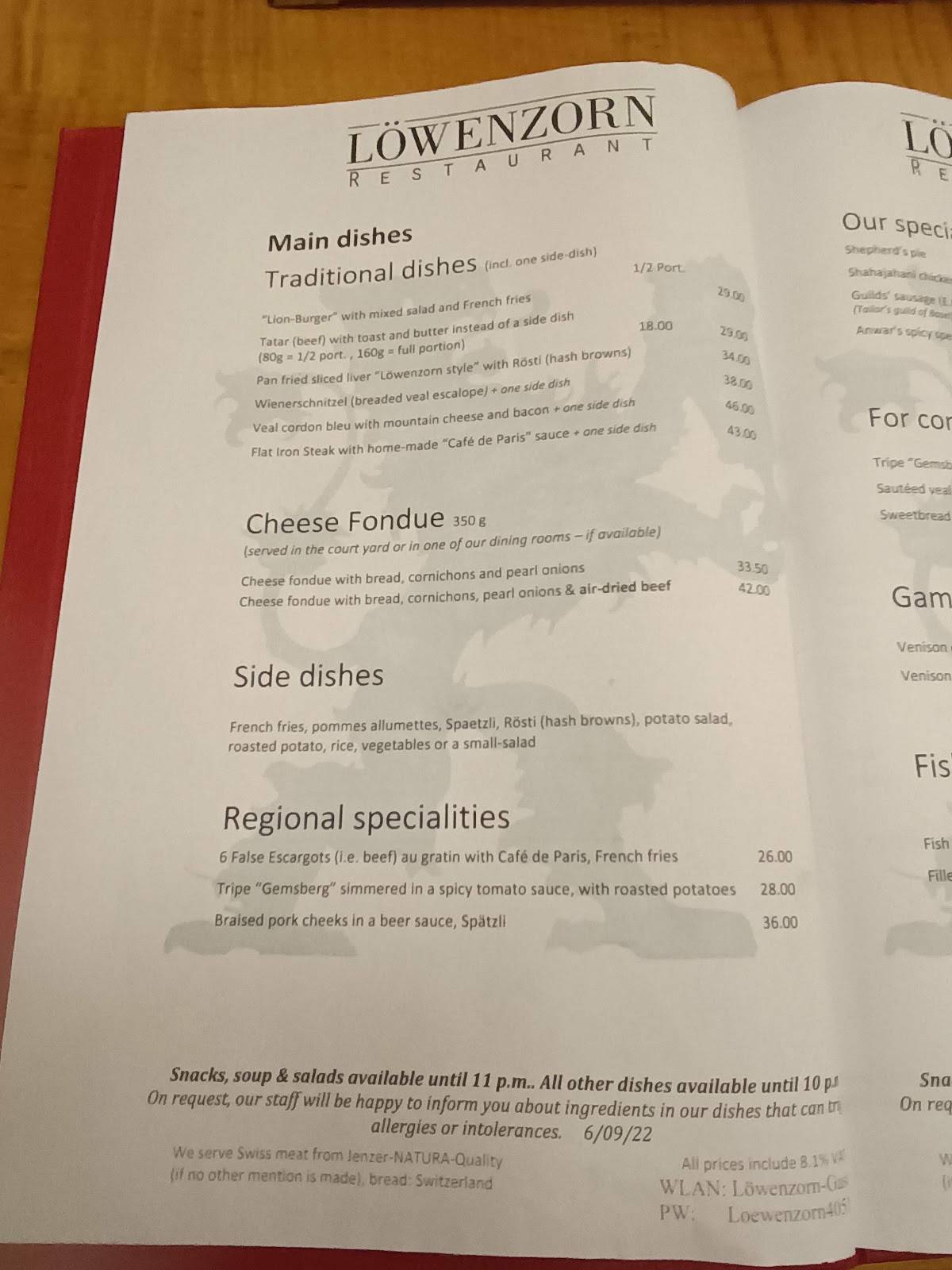 Menu di Restaurant Löwenzorn 