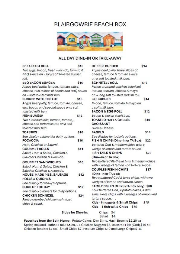 Menu at Beach Box Cafe Blairgowrie, Blairgowrie