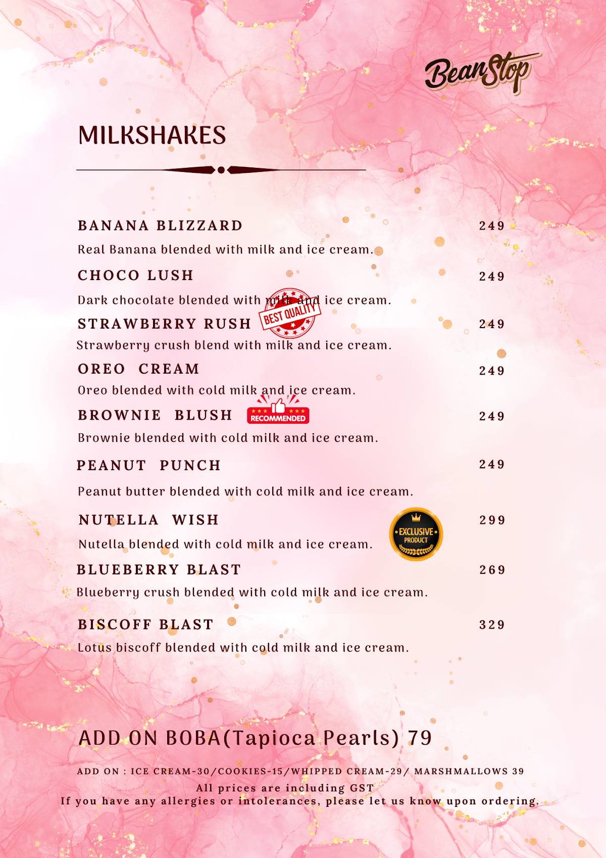 Bean Stop menu