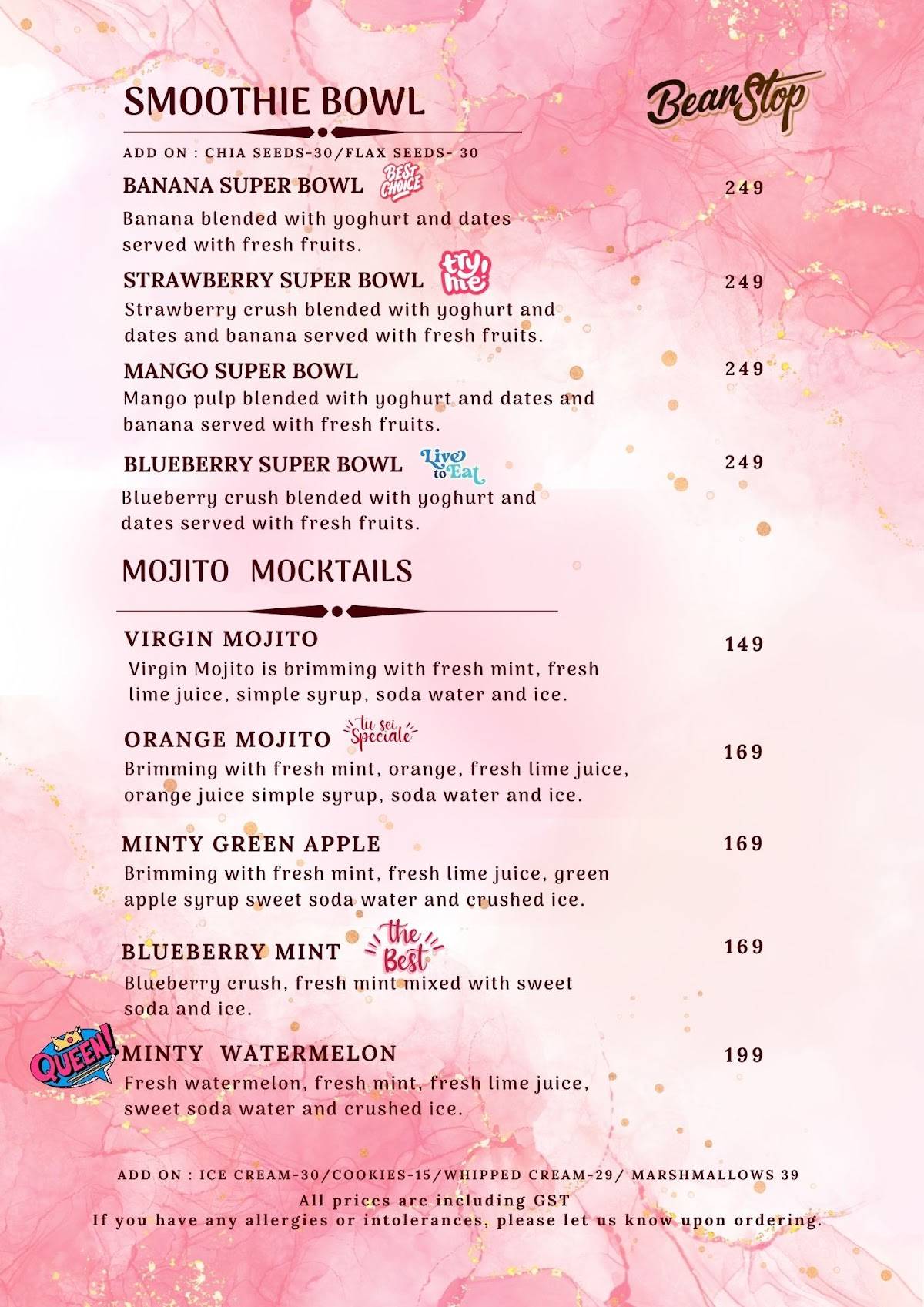 Bean Stop menu