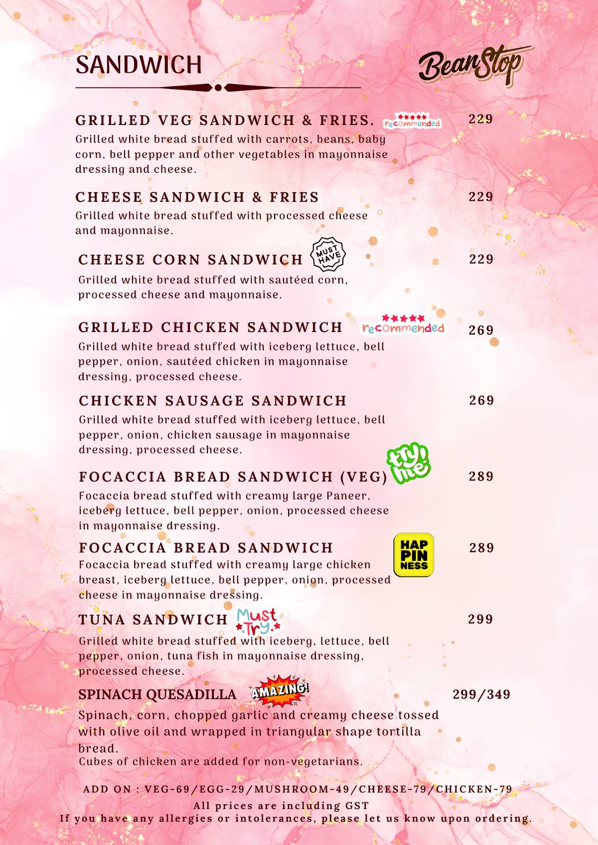 Bean Stop menu