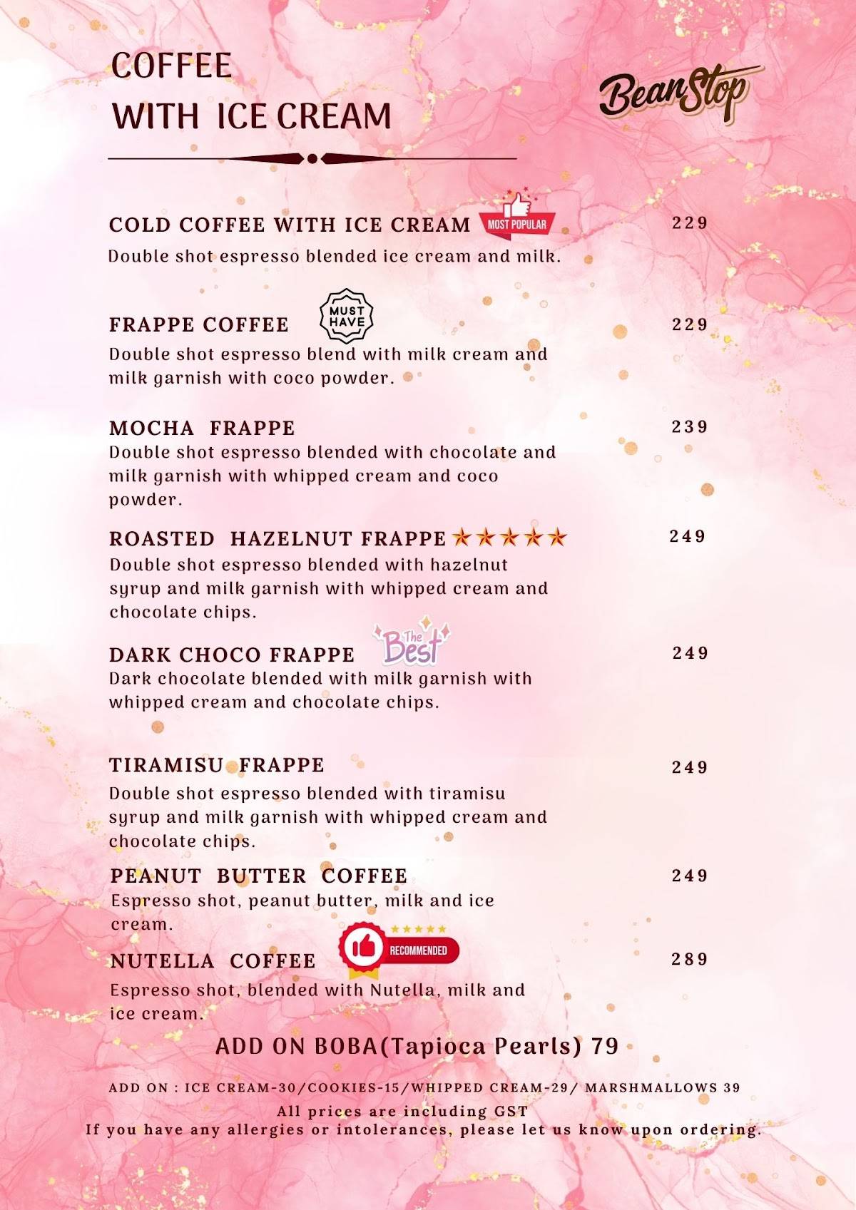 Bean Stop menu