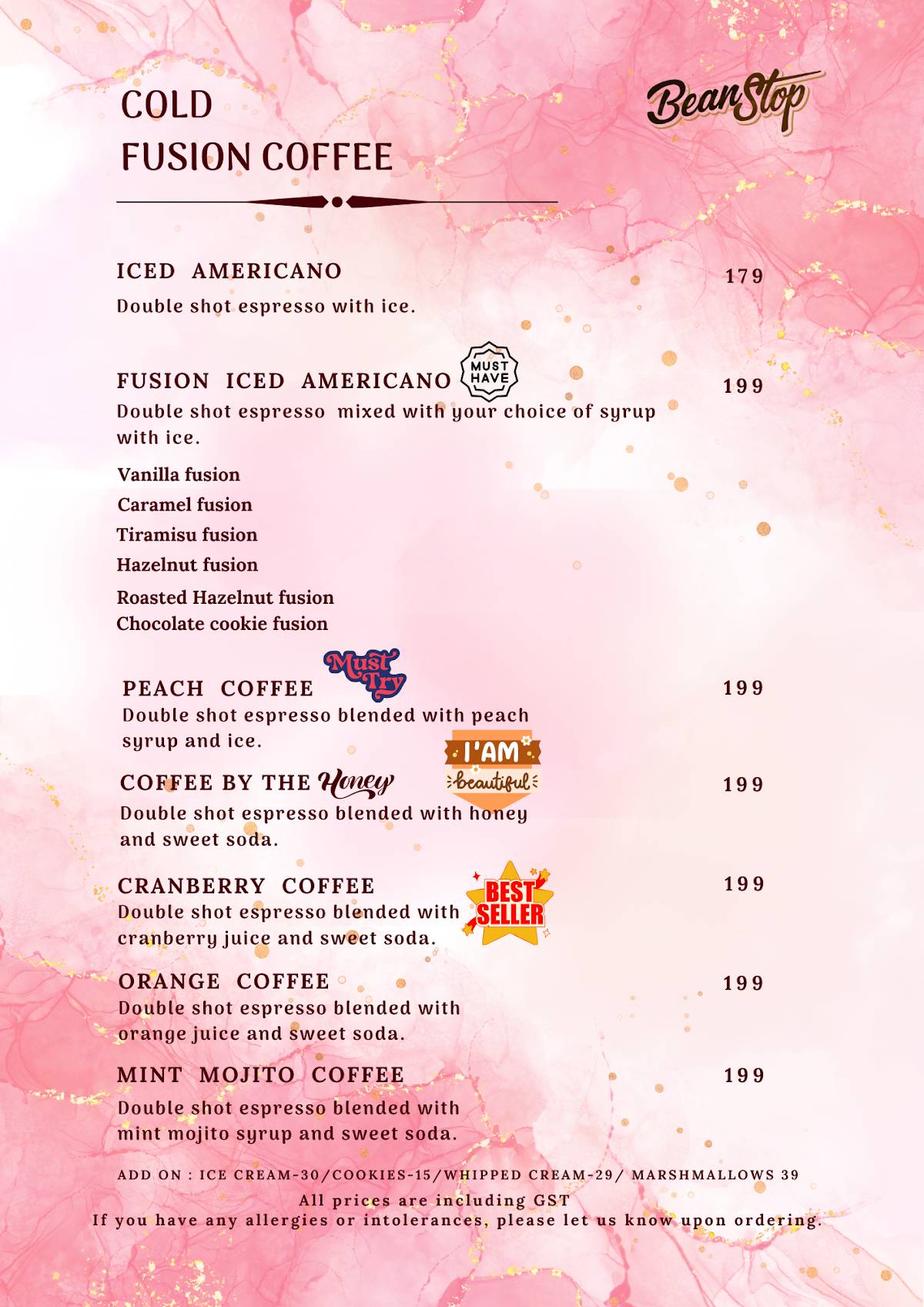 Bean Stop menu