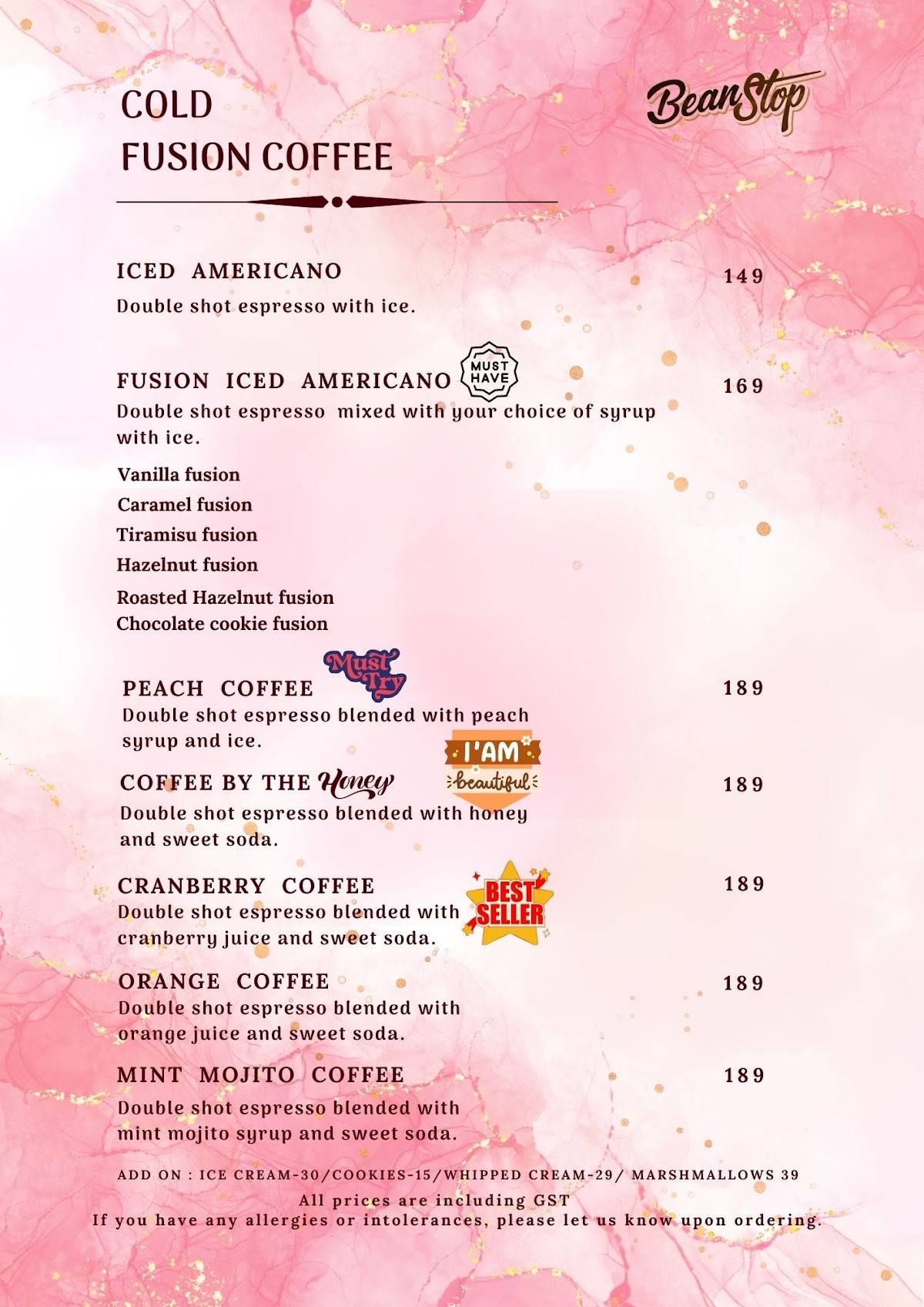 Bean Stop menu