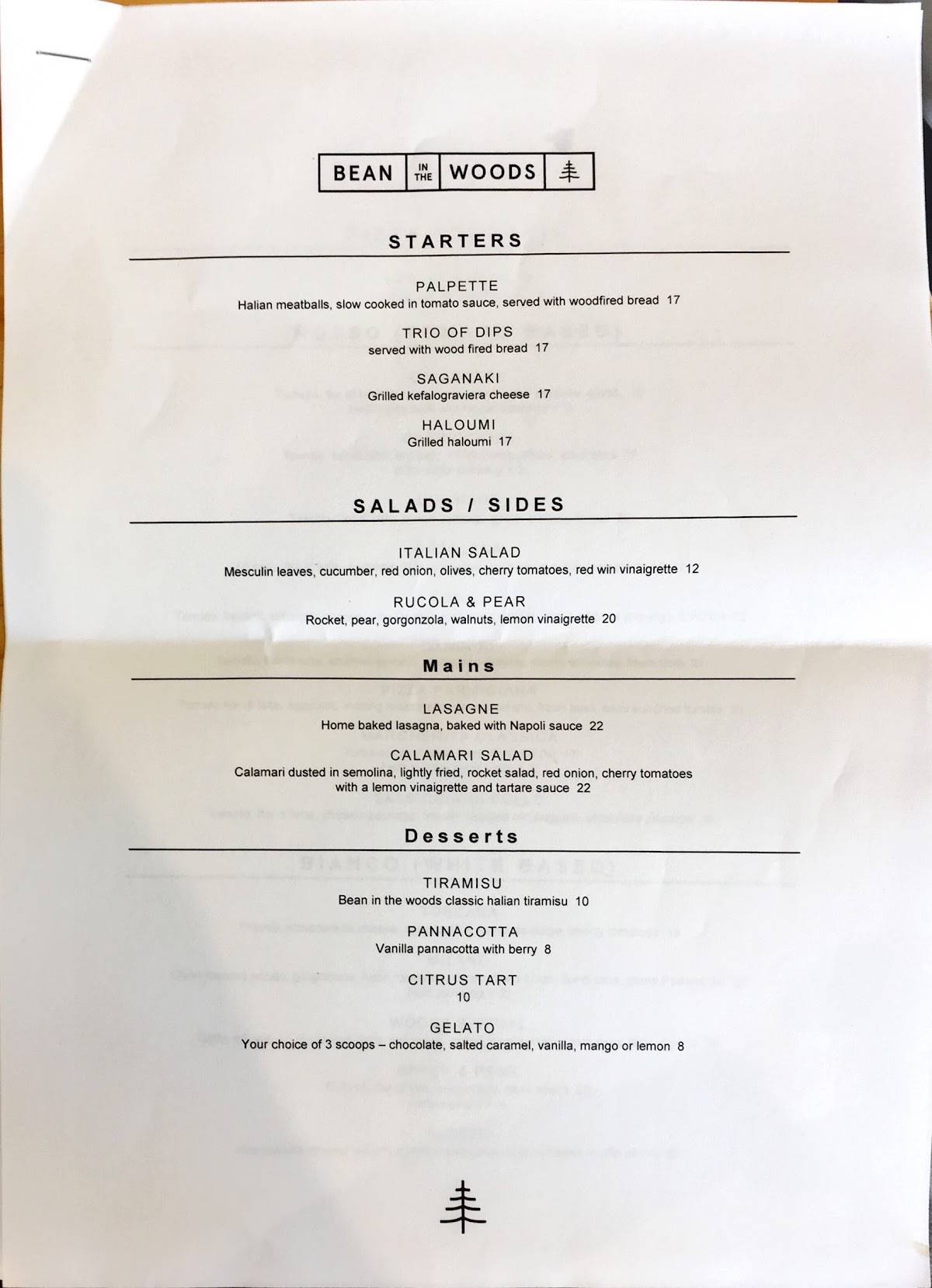 Menu at Bean in the Woods cafe, Ringwood