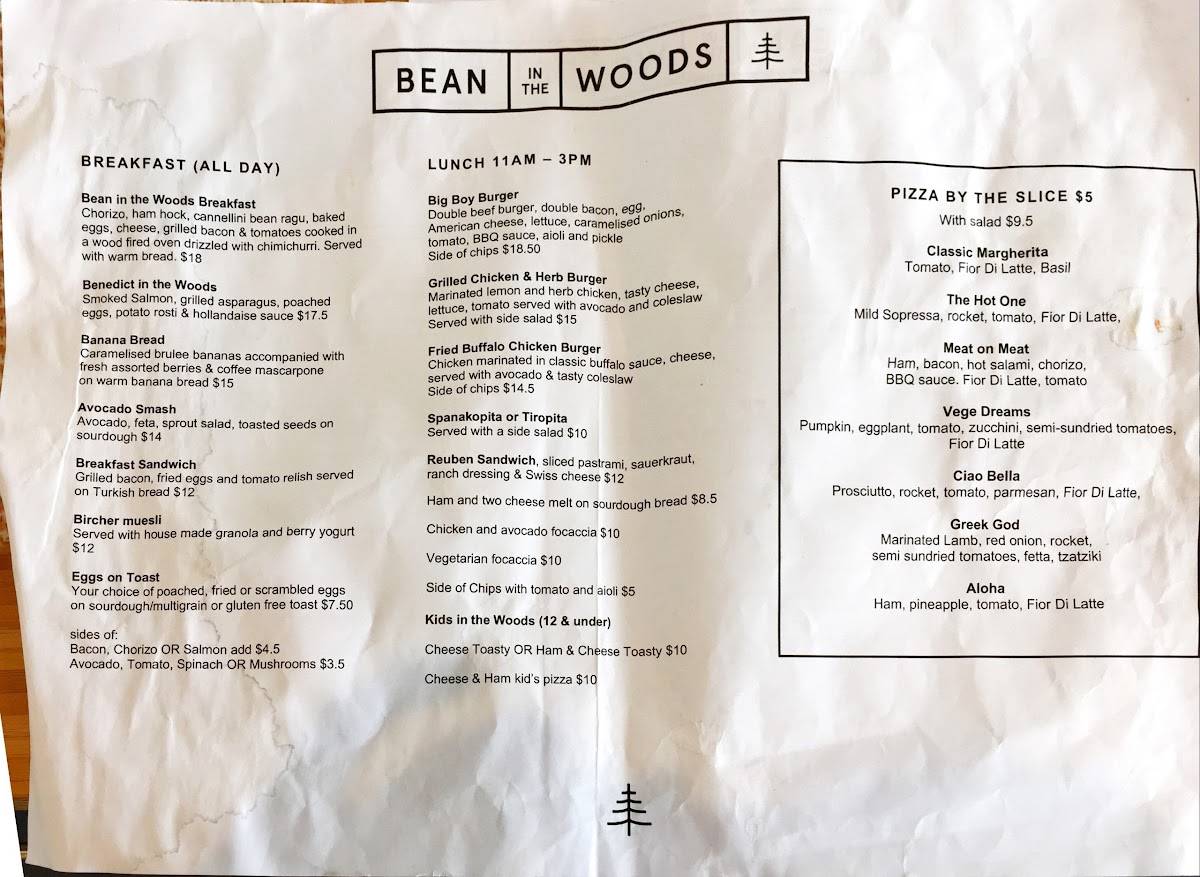 Menu at Bean in the Woods cafe, Ringwood