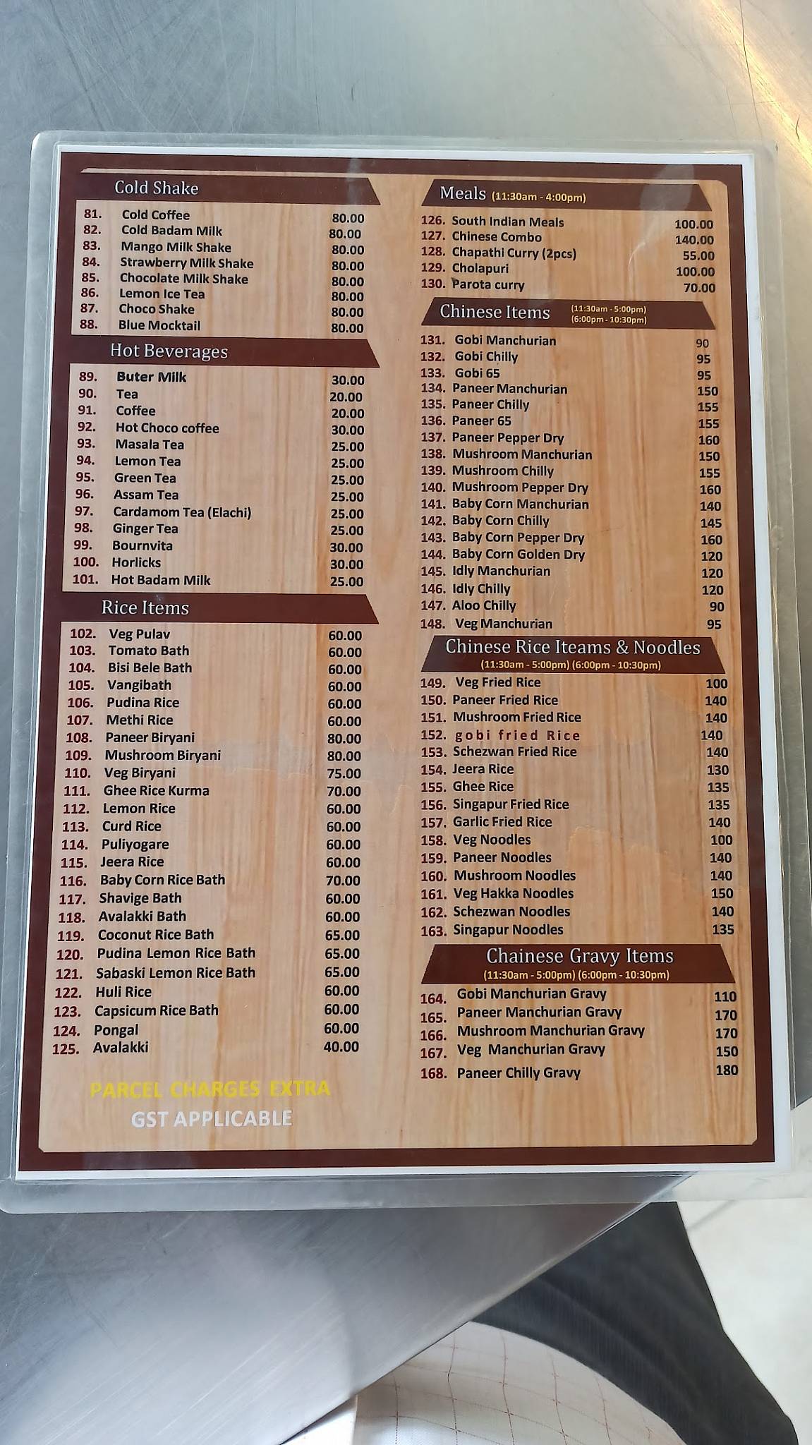 Sri Nidhi Coffee House menu