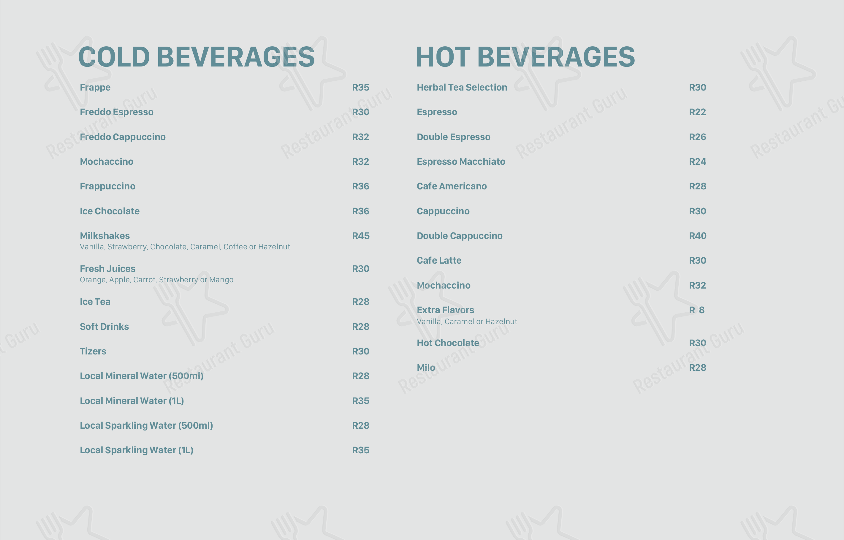 Menu at Cielo Restaurant, Benoni