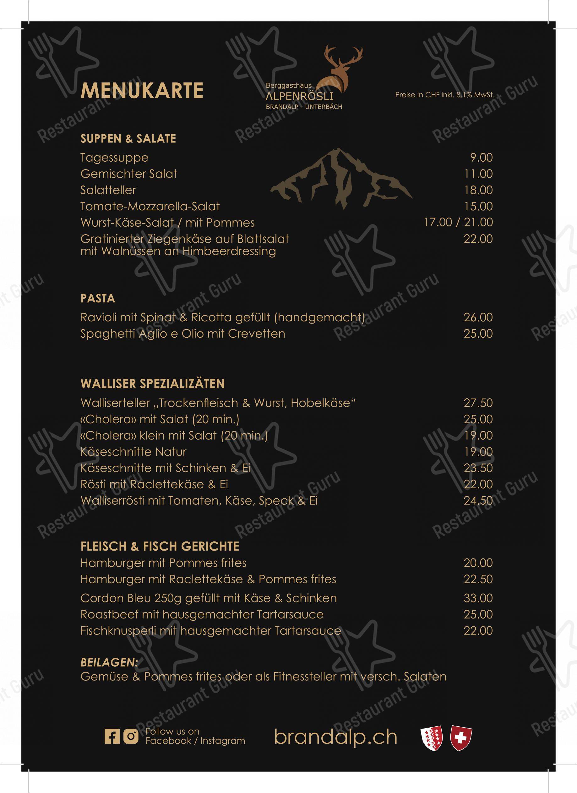 菜单 per Berggasthaus Alpenrösli in Unterbäch