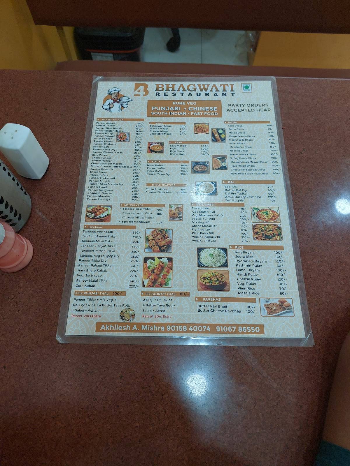 Bhagwati restaurant Punjabi Restaurant In Alkapuri/South Indian Restaurant In Alkapuri/Fast Food Restaurant In Alkapuri menu