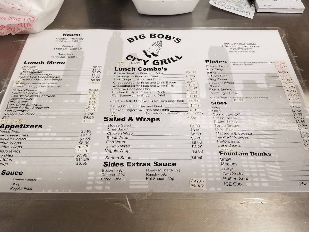 Menu at Big Bob's City Grill restaurant, Hillsborough