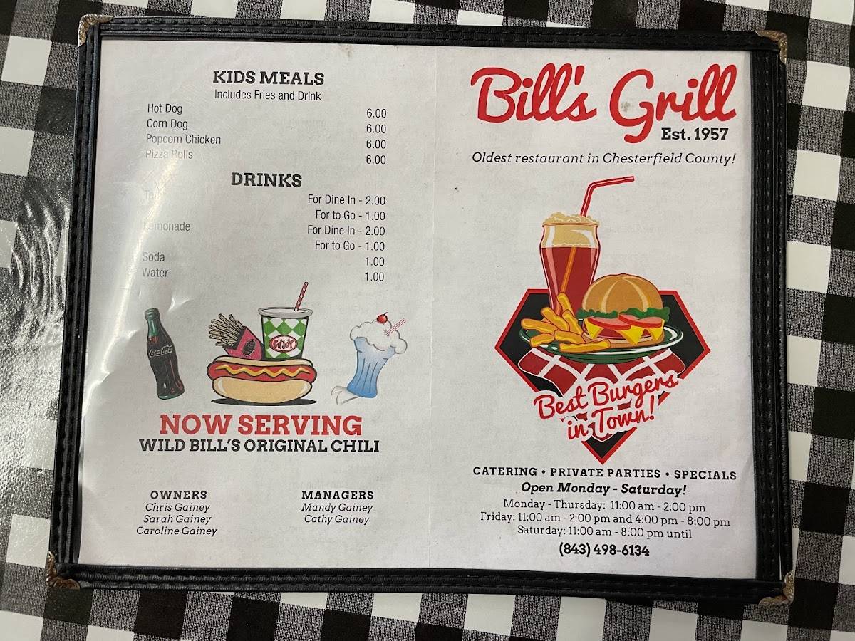 Menu at Bill's Grill restaurant, Patrick