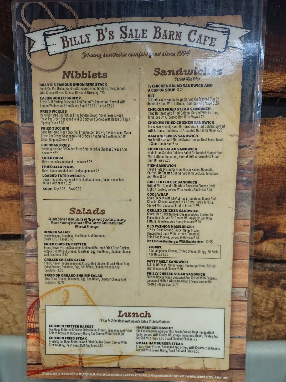 Menu at Billy B's Sale Barn Cafe, Groesbeck, TX164