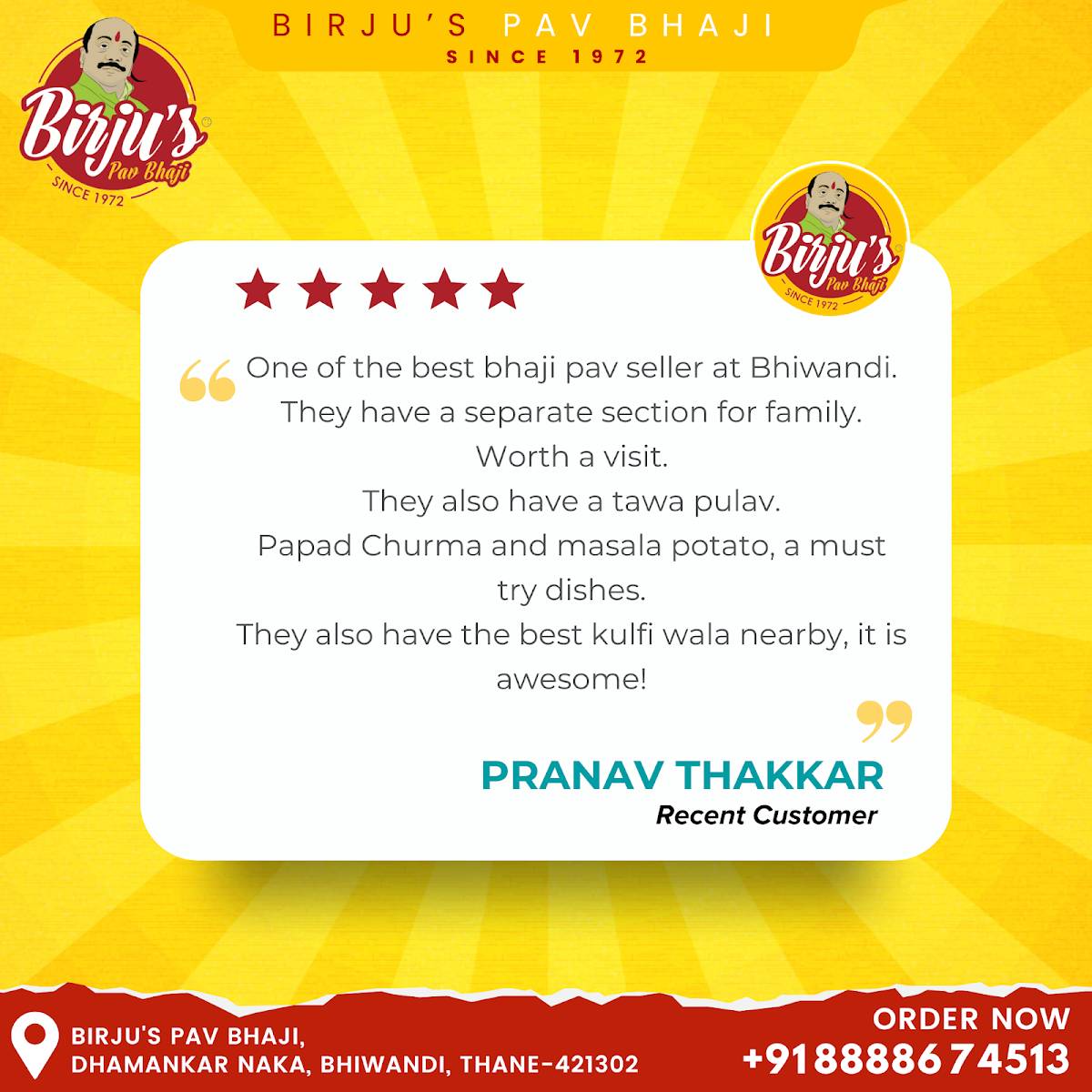 Birju's Pavbhaji menu