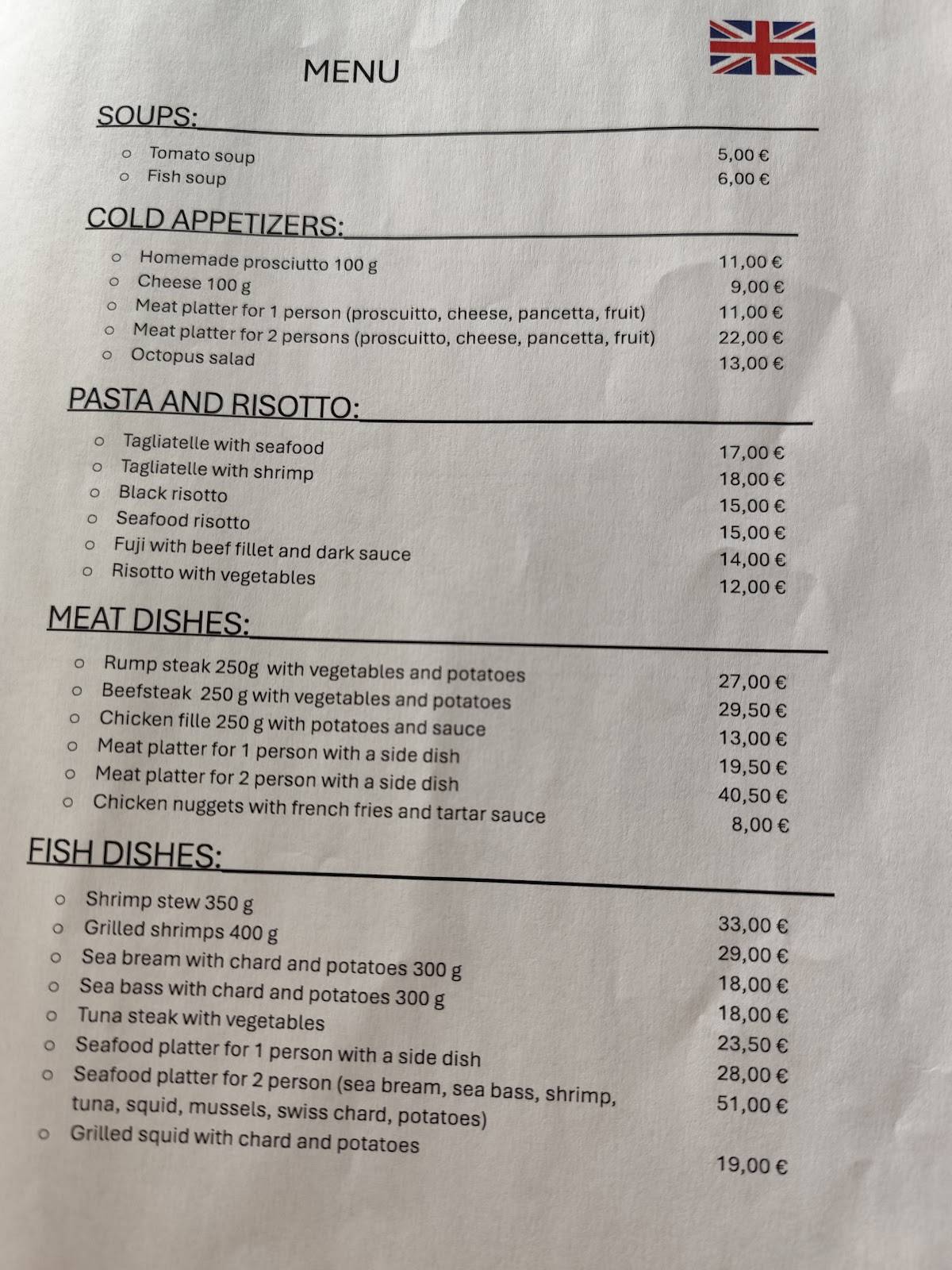 Menu di Bistro FINE. Vodice 