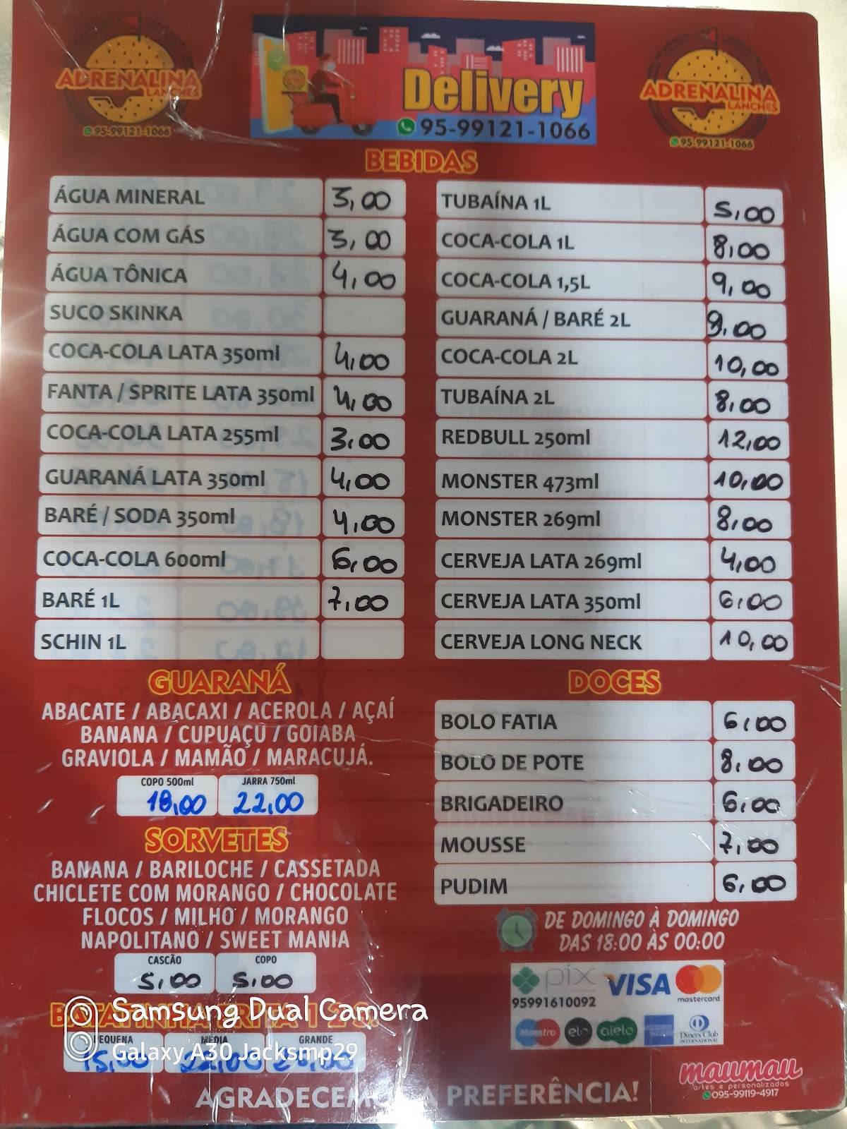 Lanche Adrenalina cardápio