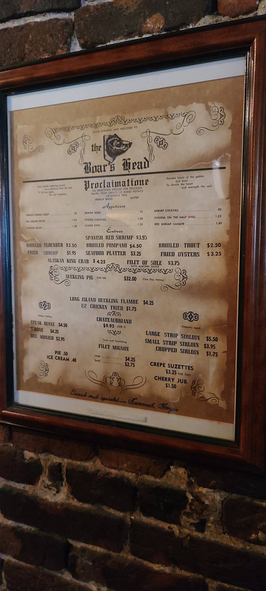 Menu at Boar's Head Grill & Tavern pub & bar, Savannah
